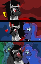 Size: 718x1112 | Tagged: safe, artist:astralmelodia, artist:aurora-chiaro, king sombra, princess luna, queen chrysalis, alicorn, changeling, changeling queen, pony, unicorn, collaboration, bedroom eyes, blushing, chrysalumbra, chrysombra, comic, female, frown, grin, heart, king sombra gets all the mares, lucky bastard, lumbra, male, ot3, question mark, shipping, smiling, straight