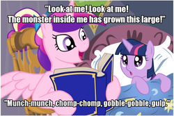 Size: 1024x683 | Tagged: safe, princess cadance, twilight sparkle, unicorn twilight, alicorn, pony, unicorn, bed, bedtime story, blanket, book, bow, cadance's bedtime stories, chair, detailed background, duo, duo female, exploitable meme, female, females only, filly, filly twilight sparkle, hair bow, hoof hold, horn, image macro, looking at each other, looking up, meme, monster, multicolored mane, naoki urasawa's monster, obluda, open mouth, pillow, pink coat, pink wings, purple coat, purple eyes, reading, sitting, smiling, spread wings, text, the monster without a name, wings, younger