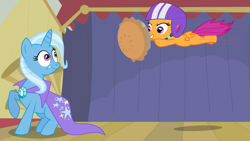 Size: 1920x1080 | Tagged: safe, artist:adcoon, derpibooru import, scootaloo, trixie, pie, pie in the face