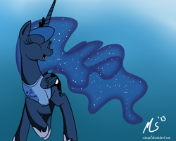 Size: 1000x800 | Tagged: safe, artist:ciscoql, princess luna, alicorn, pony, eyes closed, magic shirt, raised hoof, smiling, solo