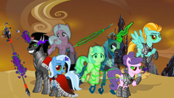 Size: 1280x720 | Tagged: safe, artist:ggalleonalliance, artist:osipush, derpibooru import, idw, coco pommel, king sombra, lightning dust, queen chrysalis, radiant hope, suri polomare, trixie, changeling, changeling queen, ghost, pony, unicorn, alternate universe, armor, bad end, cape, chains, cloak, clothes, cursed union, female, glowing eyes, glowing horn, heroes of might and magic, mare, ponies of flight and magic, spear, weapon