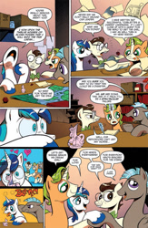 Size: 630x969 | Tagged: safe, idw, 8-bit (character), gaffer, gizmo, princess cadance, shining armor, alicorn, pony, unicorn, spoiler:comic, spoiler:comic11, dice, dungeons and dragons, idw advertisement, magic, preview