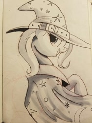 Size: 960x1280 | Tagged: safe, artist:ncmares, derpibooru import, trixie, pony, unicorn, female, grayscale, inktober, looking at you, looking back, mare, monochrome, smiling, smirk, solo, traditional art