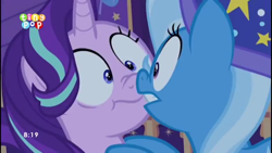 Size: 854x480 | Tagged: safe, derpibooru import, screencap, starlight glimmer, trixie, pony, to where and back again, boop, nose wrinkle, noseboop, out of context