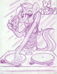 Size: 850x1100 | Tagged: safe, artist:trollie trollenberg, derpibooru import, trixie, anthro, monochrome, solo, traditional art, turntable