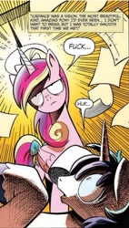 Size: 293x515 | Tagged: safe, edit, idw, princess cadance, shining armor, alicorn, pony, unicorn, cadance was a vision, face, fuck, grumpy, meme, vulgar