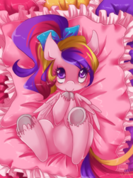 Size: 480x640 | Tagged: dead source, safe, artist:loyaldis, princess cadance, alicorn, pony, bed, bow, c:, cute, cutedance, diabetes, female, fluffy, hair bow, heart eyes, hooves, looking at you, on back, pegasus cadance, pillow, ponytail, smiling, solo, underhoof, unshorn fetlocks, wingding eyes, younger