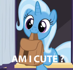 Size: 471x450 | Tagged: safe, derpibooru import, edit, edited screencap, screencap, trixie, pony, unicorn, to saddlebags and back again, to where and back again, :3, bronybait, caption, cropped, cute, diatrixes, female, mare, mouth hold, solo, trixie is cute, yes