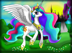 Size: 792x576 | Tagged: safe, artist:prime_alpha, princess celestia, alicorn, pony, crown, female, horn, mare, multicolored mane, multicolored tail, solo, white coat, white wings, wings