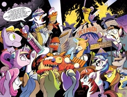 Size: 2080x1600 | Tagged: safe, artist:andypriceart, idw, 8-bit (character), buck withers, dj pon-3, gaffer, gizmo, lemony gem, long play, observer (character), princess cadance, shining armor, sweetcream scoops, vinyl scratch, alicorn, earth pony, pegasus, pony, unicorn, neigh anything, spoiler:comic, spoiler:comic11, 33 1-3 lp, 80s, adam ant, andy you magnificent bastard, boy george, cowbell, cutiespark, danny elfman, devo, diamond rose, drum kit, drums, energy dome, female, ferris bueller's day off, filly, filly vinyl scratch, frankie goes to hollywood, keytar, little girls, lyrics, male, musical instrument, new wave, official, oingo boingo, revenge of the nerds, song reference, spread wings, stallion, teary eyes, the mystic knights of the electric stable, unnamed character, unnamed pony, wings