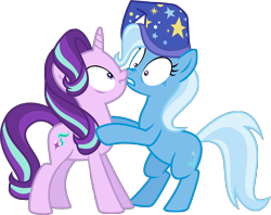 Size: 4000x3166 | Tagged: safe, artist:limedazzle, derpibooru import, starlight glimmer, trixie, pony, unicorn, to where and back again, absurd resolution, boop, cute, duo, female, hat, mare, noseboop, rearing, simple background, transparent background, vector, wizard hat