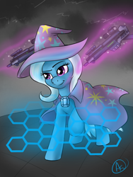 Size: 1000x1333 | Tagged: safe, artist:spittfireart, derpibooru import, trixie, pony, unicorn, blue coat, female, gun, horn, mare, solo, two toned mane