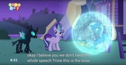 Size: 1900x975 | Tagged: safe, derpibooru import, screencap, starlight glimmer, thorax, trixie, pony, unicorn, to where and back again, female, mare, meme, the lorax, youtube caption