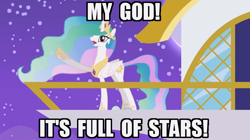 Size: 756x424 | Tagged: safe, artist:viva reverie, princess celestia, alicorn, pony, 2001: a space odyssey, celestia pointing, meme, my god its full of stars, princess celestia being deep, solo