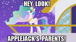 Size: 756x424 | Tagged: safe, artist:viva reverie, princess celestia, alicorn, pony, applejack's parents, celestia pointing, meme, princess celestia being deep, solo