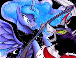 Size: 4384x3386 | Tagged: safe, artist:pitterpaint, king sombra, princess luna, alicorn, pony, unicorn, fall of the crystal empire, fight, nightmare luna, traditional art