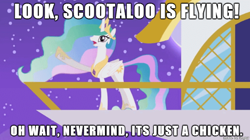 Size: 610x342 | Tagged: safe, artist:viva reverie, princess celestia, scootaloo, alicorn, chicken, pony, celestia pointing, meme, princess celestia being deep, scootaloo can't fly, solo, text