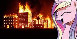 Size: 1247x639 | Tagged: safe, princess cadance, alicorn, pony, cadance laughs at your misery, exploitable meme, fire, laughing, meme