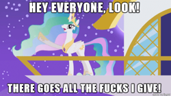 Size: 610x342 | Tagged: safe, artist:viva reverie, princess celestia, alicorn, pony, celestia pointing, look at all the fucks i give, meme, princess celestia being deep, solo, text, vulgar