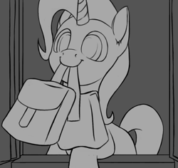 Size: 1142x1080 | Tagged: safe, artist:vistamage, derpibooru import, trixie, pony, unicorn, to saddlebags and back again, to where and back again, female, mare, monochrome, nom, scene interpretation, solo