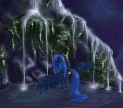 Size: 4000x3500 | Tagged: safe, artist:luvvandra, princess luna, alicorn, pony, big ears, night, solo, spread wings, waterfall, wet mane