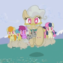 Size: 584x584 | Tagged: safe, screencap, berry punch, berryshine, bon bon, carrot top, cherry berry, golden harvest, lemon hearts, mayor mare, smarty pants, sweetie drops, earth pony, pony, lesson zero, animated, female, gif, heart, heart eyes, mare, mayorable, mouth hold, running, want it need it, wingding eyes