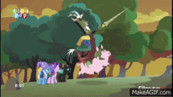 Size: 320x180 | Tagged: safe, derpibooru import, screencap, discord, starlight glimmer, thorax, trixie, changeling, pig, pony, unicorn, to where and back again, animated, female, finger snap, flying, flying pig, gif, makeagif.com, mare, plan there is no plan, reformed four, spread wings, tiny pop