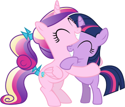 Size: 6180x5290 | Tagged: safe, artist:90sigma, princess cadance, twilight sparkle, unicorn twilight, alicorn, pony, unicorn, a canterlot wedding, absurd resolution, bipedal, cute, duo, eyes closed, female, filly, filly cadance, filly twilight sparkle, foalsitter, grin, hug, simple background, smiling, squee, transparent background, vector, younger