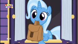 Size: 1920x1080 | Tagged: safe, derpibooru import, edit, edited screencap, screencap, trixie, pony, unicorn, to saddlebags and back again, to where and back again, bag, curtains, cute, diatrixes, female, mare, mouth hold, saddle bag, solo, trixie's wagon, window