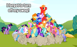 Size: 1205x744 | Tagged: safe, edit, edited screencap, screencap, amethyst star, apple bloom, berry punch, berryshine, big macintosh, bon bon, carrot top, cherry berry, cloud kicker, daisy, dizzy twister, golden harvest, lemon hearts, lyra heartstrings, minuette, orange swirl, sassaflash, scootaloo, sea swirl, seafoam, shoeshine, sparkler, spring melody, sprinkle medley, sunshower raindrops, sweetie belle, sweetie drops, twilight sparkle, twinkleshine, earth pony, pony, lesson zero, big macintosh gets all the mares, heart eyes, image macro, male, stallion, swag, wingding eyes