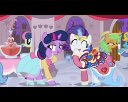 Size: 1280x1024 | Tagged: safe, artist:facelessjr, derpibooru import, bon bon, rarity, sweetie drops, twilight sparkle, pony, unicorn, alternate hairstyle, blushing, clothes, dress, fake screencap, hub logo