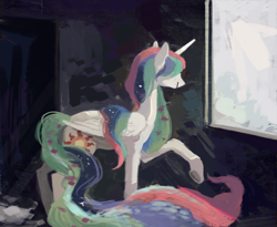 Size: 1000x819 | Tagged: safe, artist:sterfler, princess celestia, alicorn, pony, raised hoof, solo, window