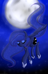 Size: 1024x1566 | Tagged: safe, artist:toptoma, princess luna, alicorn, pony, eyes closed, flying, moon, night, solo, stars