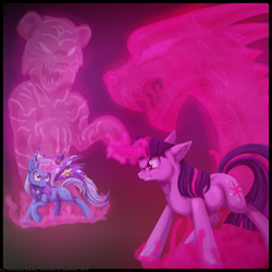 Size: 800x800 | Tagged: safe, artist:inuhoshi-to-darkpen, derpibooru import, trixie, twilight sparkle, big cat, dragon, tiger, fight