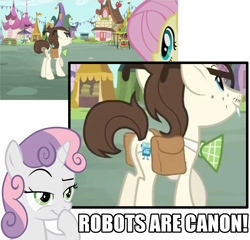 Size: 1123x1080 | Tagged: safe, derpibooru import, edit, edited screencap, screencap, bon bon, fluttershy, gizmo, lyra heartstrings, sweetie belle, sweetie bot, sweetie drops, pegasus, pony, robot, unicorn, putting your hoof down, canon, cutie mark, female, filly, foal, glasses, horn, male, mare, plot, saddle bag, smiling, text