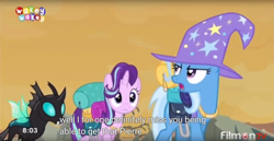 Size: 1895x975 | Tagged: safe, derpibooru import, screencap, starlight glimmer, thorax, trixie, pony, unicorn, to where and back again, female, mare, meme, youtube caption