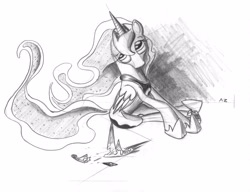 Size: 3317x2550 | Tagged: safe, artist:uminanimu, princess luna, alicorn, pony, broken, crown, grayscale, looking up, lunadoodle, monochrome, sitting, solo, traditional art