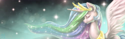 Size: 5000x1570 | Tagged: safe, artist:mrs1989, princess celestia, alicorn, pony, bust, crown, female, horn, mare, multicolored mane, solo, white coat