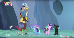 Size: 1895x975 | Tagged: safe, derpibooru import, screencap, discord, starlight glimmer, thorax, trixie, pony, unicorn, to where and back again, female, mare, meme, reformed four, youtube caption