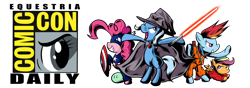 Size: 1000x350 | Tagged: safe, derpibooru import, pinkie pie, rainbow dash, scootaloo, trixie, earth pony, pegasus, pony, captain america, comic con, dragon ball, equestria daily, san diego comic con, south park, star wars