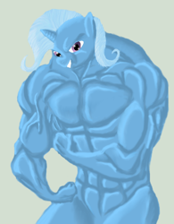 Size: 606x775 | Tagged: safe, artist:anonimounanime, derpibooru import, trixie, anthro, fetish, grand and muscular trixie, gray background, manly, muscle fetish, muscles, overdeveloped muscles, simple background, solo, wat