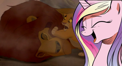 Size: 701x381 | Tagged: safe, princess cadance, alicorn, pony, african lion, cadance laughs at your misery, dead, disney, exploitable meme, meme, mufasa, obligatory pony, simba, the lion king, you monster