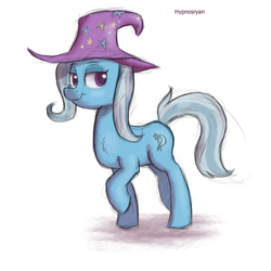 Size: 1600x1600 | Tagged: safe, artist:hypno, derpibooru import, trixie, pony, unicorn, chest fluff, colored sketch, female, hat, lidded eyes, mare, solo