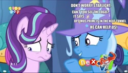 Size: 960x549 | Tagged: safe, derpibooru import, edit, edited screencap, screencap, starlight glimmer, trixie, pony, unicorn, to where and back again, female, fourth wall, mare, optimus prime, transformers, transformers rescue bots