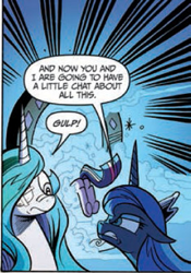 Size: 232x332 | Tagged: safe, artist:andypriceart, idw, princess celestia, princess luna, twilight sparkle, twilight sparkle (alicorn), alicorn, pony, spoiler:comic, spoiler:comic18, eyepatch, eyeshadow, female, gulp, mare, panel, plot