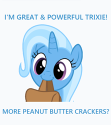 Size: 742x836 | Tagged: safe, derpibooru import, trixie, pony, unicorn, to saddlebags and back again, to where and back again, bag, crackers, cute, diatrixes, female, food, happy, mare, mouth hold, peanut butter, peanut butter crackers, solo, that pony sure does love peanut butter crackers