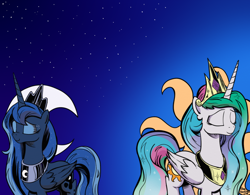 Size: 900x703 | Tagged: safe, artist:pony-berserker, princess celestia, princess luna, alicorn, pony, moon, stars, sun