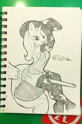 Size: 529x795 | Tagged: safe, artist:theburningdonut, derpibooru import, trixie, anthro, broom, clothes, flying, flying broomstick, ink, inktober, lidded eyes, looking at you, looking back, monochrome, open mouth, sitting, solo, stockings, traditional art, trixie's hat