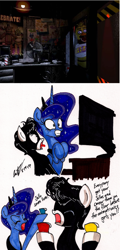 Size: 856x1787 | Tagged: safe, artist:newyorkx3, princess luna, oc, oc:tommy junior, alicorn, pony, bill cosby, chica, five nights at freddy's, jello, traditional art