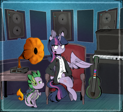 Size: 2245x2059 | Tagged: safe, artist:urbanqhoul, spike, twilight sparkle, twilight sparkle (alicorn), alicorn, dragon, pony, chair, clothes, duo, female, guitar, male, mare, piano, sitting, speakers, suit, winged spike